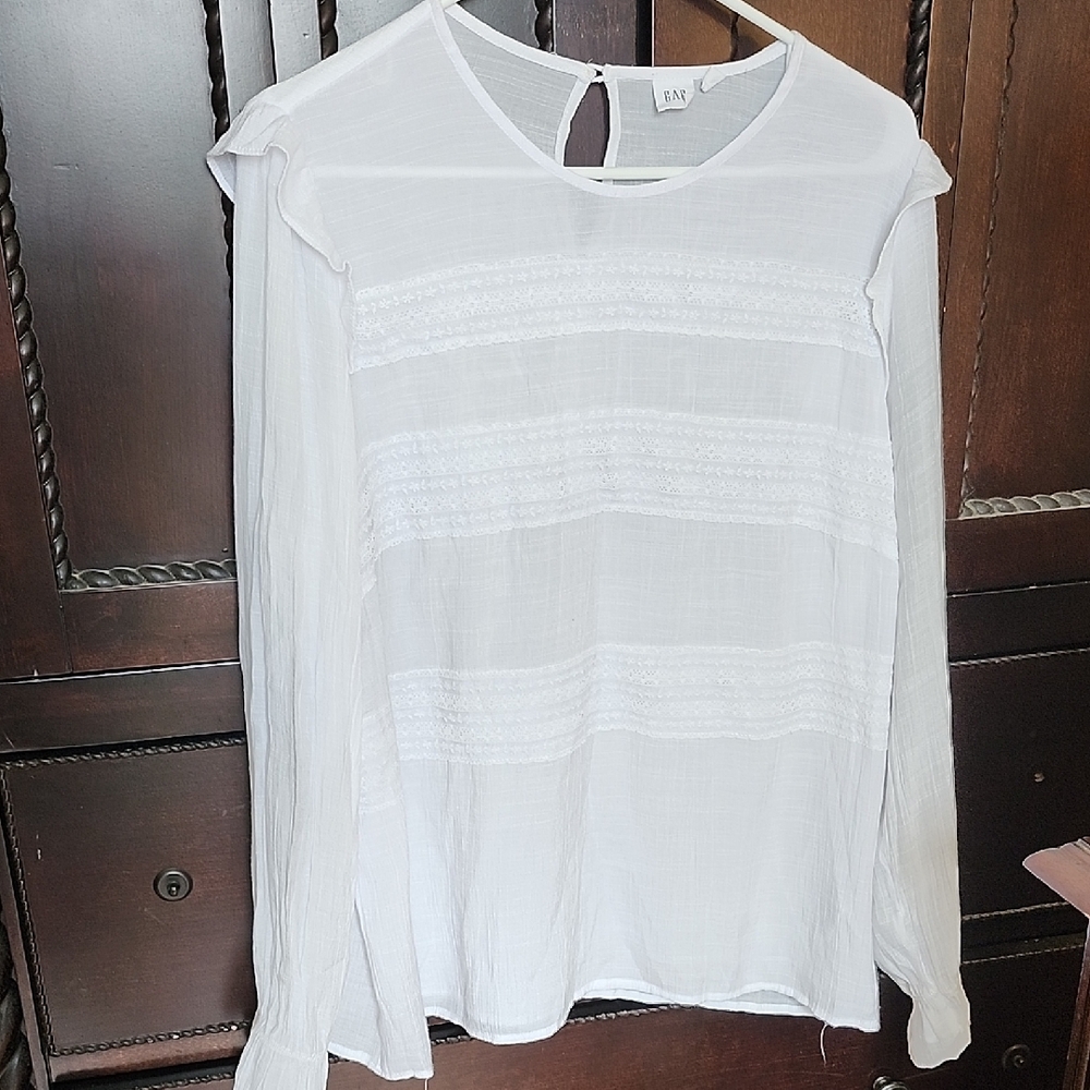 Banana Republic White Long-Sleeve Lace-Trim Peasant Blouse